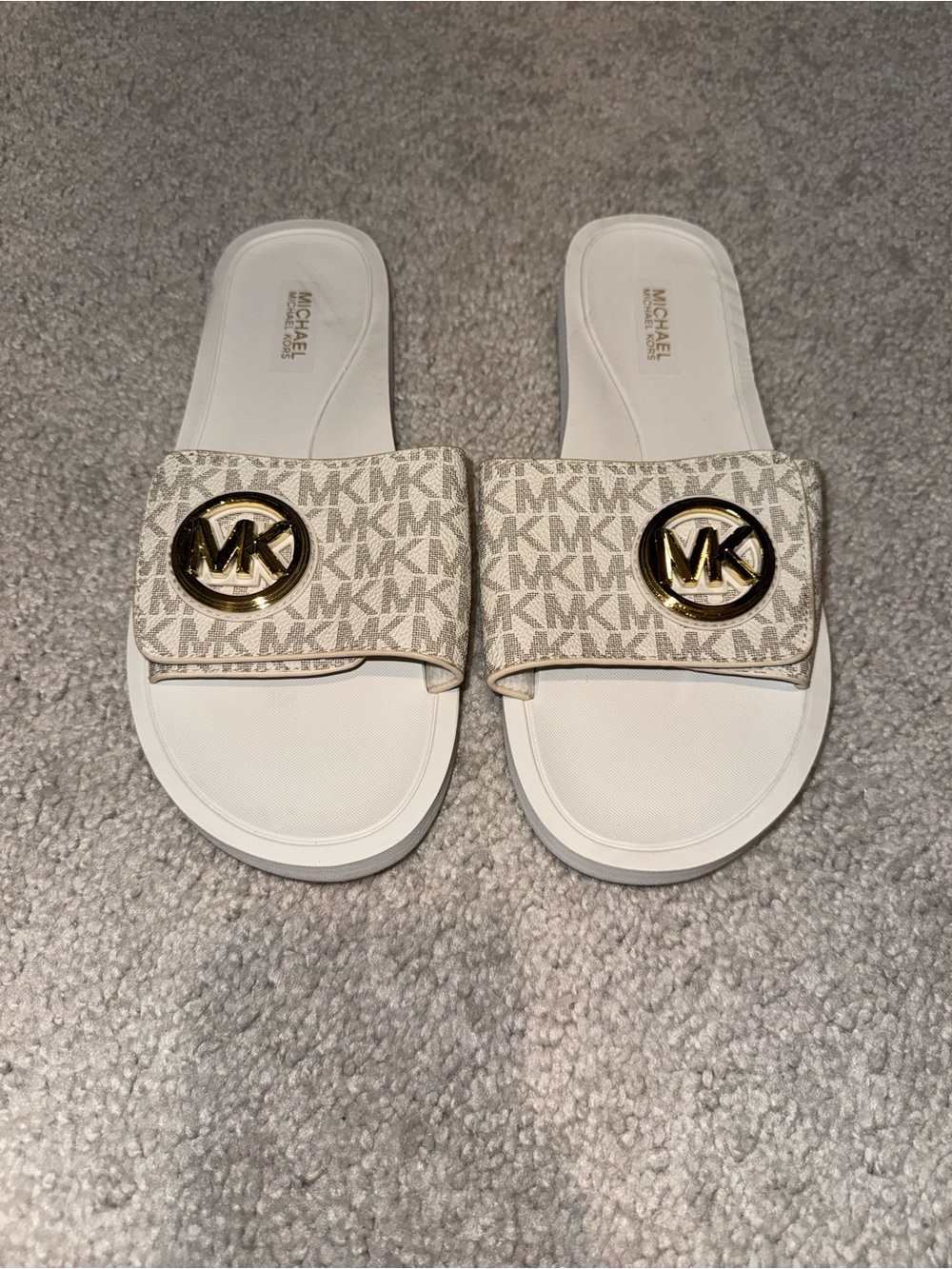 Michael Kors Beige MK Monogram Slide Sandals with Gold Logo
